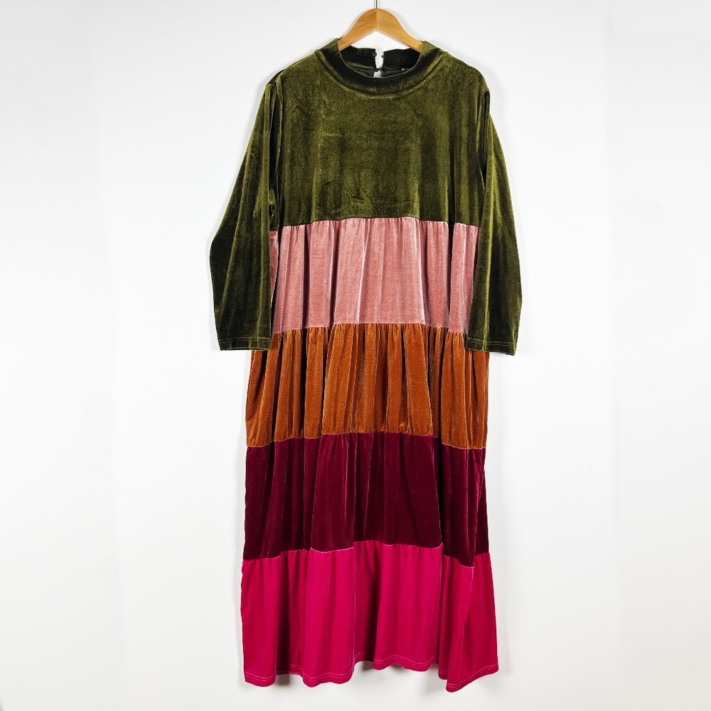 Vada Winter Rainbow Tiered Colorblock Multi Velvet Velour Maxi Dress 2X